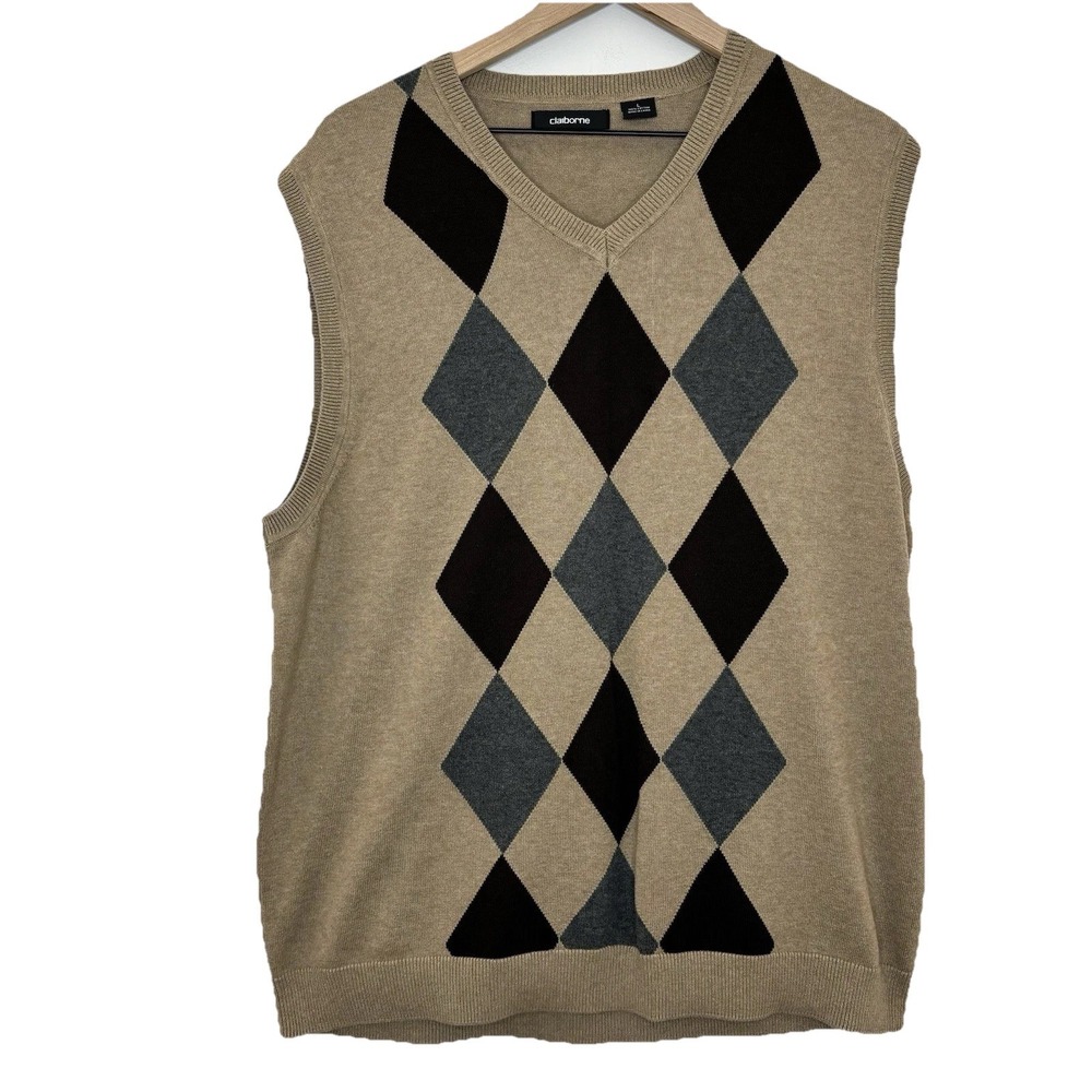Claiborne Sweater Vest Large Brown Argyle Grandpa Preppy‎ Classic Academia Twee